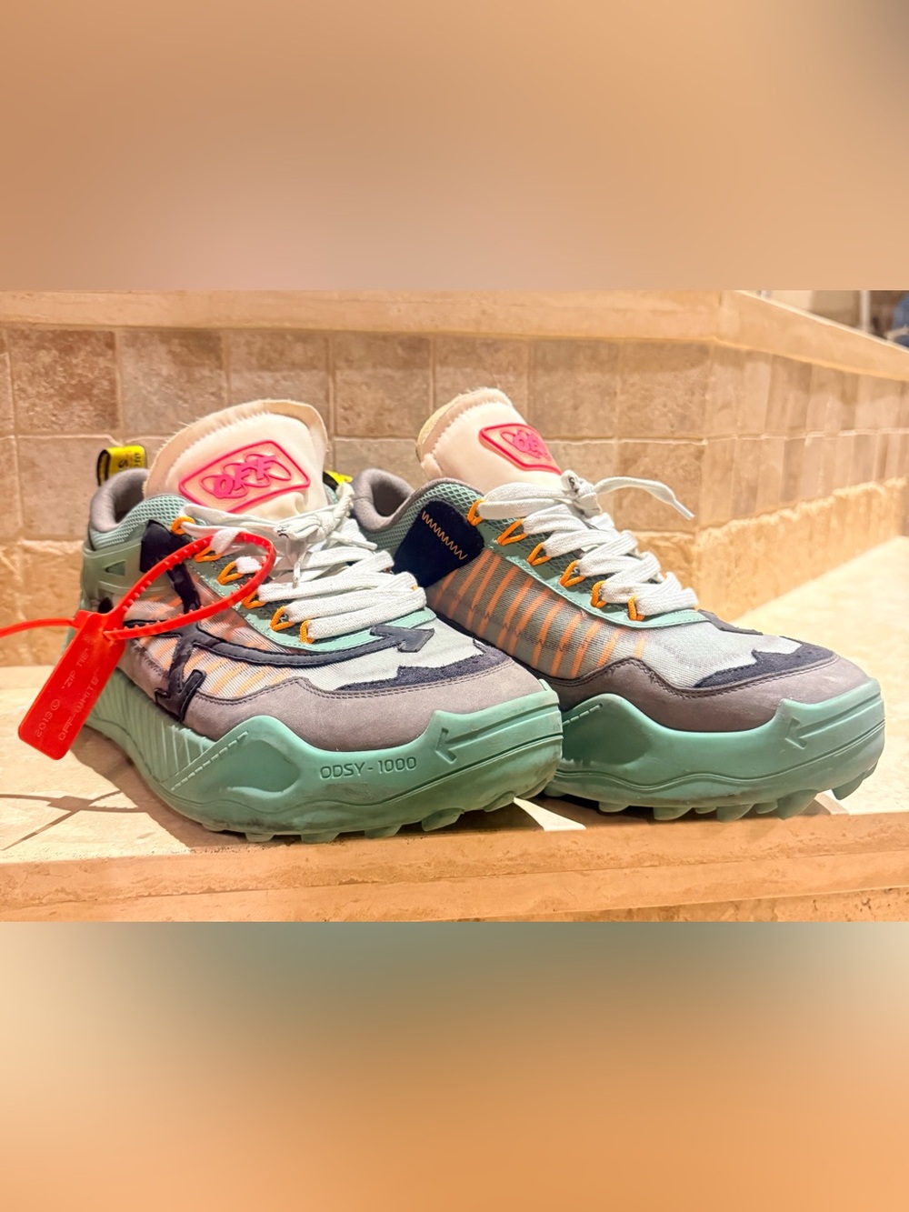 Off-White Mint, Gray & Orange Accent Sneakers